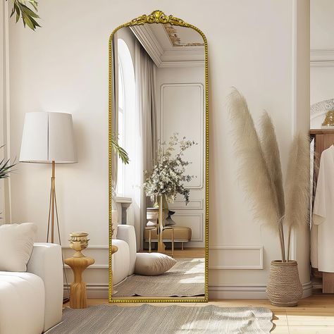 PRICES MAY VARY. Dimension - Antique Gold Baroque Arched Mirror with frame 22"X65" Vintage Design - This stunning piece combines the vintage appeal of traditional design with an ornate baroque style, providing a timeless beauty that will seamlessly complement any décor. Barque Style- Its ornate design, antique gold finish, and impeccable craftsmanship make it the perfect addition to any room. A statement piece that combines antique elegance with modern style. French country mirror will suitable Gilded Mirror Living Room, Arch Mirror In Living Room, Large Gold Framed Mirror, French Mirrors Antique, Gatsby Home Decor, Tall Gold Mirror, French Bathroom Decor Vintage, Arched Gold Mirror, Arch Mirror Decor