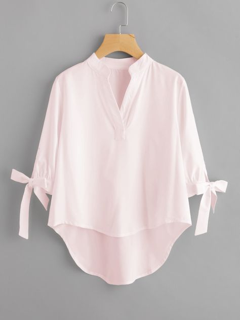 Tie Cuff Dip Hem Blouse -SheIn(Sheinside) Dip Hem Top, Áo Blu, Dip Hem Blouse, Long Bow, Fashion Tops Blouse, Hem Blouse, Modieuze Outfits, Womens Tie, Blouse Online