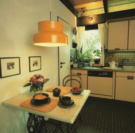 1980s Kitchen, 80s Kitchen, Eating Area, Tropical Houses, Yellow Light, Vintage Home, Over It, Marble Top, The Table