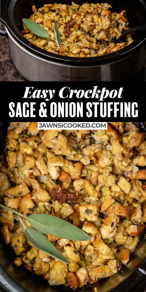 This Easy Crockpot Sage and Onion Stuffing is a fast and easy take on old fashioned sage and onion stuffing! With a small amount of prep, this crockpot stuffing has got it all- crispy edges and a moist, flavorful center! Crockpot Stuffing Thanksgiving, Easy Crockpot Stuffing, Stuffing Recipes Crockpot, Thanksgiving Side Dishes Crockpot, Stuffing Easy, Crockpot Stuffing, Thanksgiving Recipes Side Dishes Easy, Thanksgiving Dinner For Two, Onion Stuffing