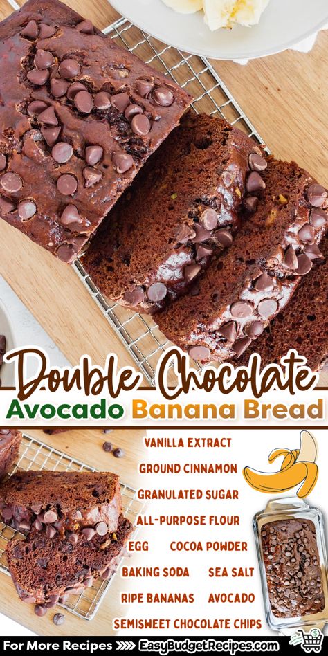 Chocolate Avocado Bread, Avocado Banana Bread, Double Chocolate Banana Bread, Bread Quick, Chocolate Banana Bread Recipe, Avocado Bread, Chewy Bread, Knead Bread Recipe, Avocado Chocolate