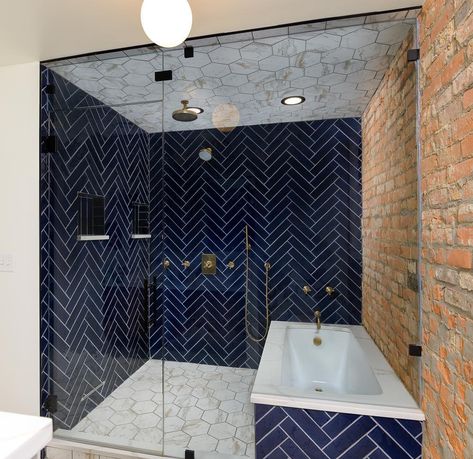 #blue #tile #herringbonetile #bathroom #shower #bathroomshower #showertile #beautifulbathrooms #bathroomideas #bathroomdecor #faucetsnfixtures Blue Wet Room, Blue Tiles Bathroom Ideas, Tiny Ensuite Shower Room, Tub Wet Room, Small Bathroom Tiles Ideas, Navy Bathroom Ideas, Master Bath Shower Tile, Blue Shower Tile, Dark Blue Bathrooms