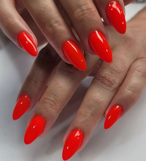 Hot Red Orange Nails, Summer Red Nail Polish, Summer Red Nails 2024, Bright Red Orange Nails, Coral Red Nails Summer, Red Neon Nails, Red Coral Nails, Neon Red Nail Polish, Coral Red Nails