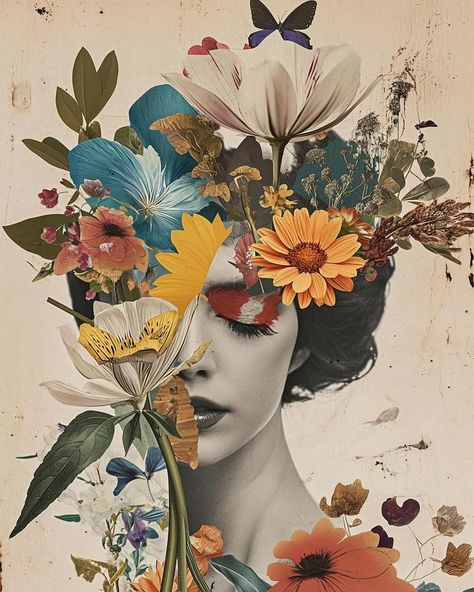 Sprinkle of AI (@sprinkleofai) • Instagram photos and videos Face Made Of Flowers, Collage Self Portrait, Flower Art Collage, Personality Collage, Puzzle Collage, Creative Portrait Ideas, Ladies Painting, Surrealism Portrait, Surreal Nature