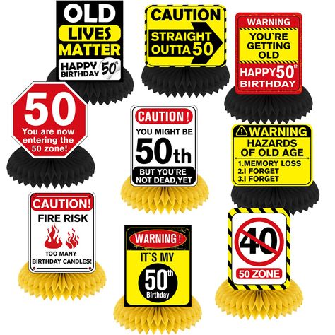 PRICES MAY VARY. 🖤【Package Include】You will get 9 pieces of black gold 50th birthday honeycomb centerpieces that come with 18 paper clips, combine with funny tags elements, suitable for men and women, accompany you and your family and friends to spend an unforgettable and warm 50th birthday party 🍰【Funny Caution Logos Design】These interesting and novel tag designs will bring an unforgettable and happy birthday experience to the birthday person; These 50th birthday table centerpieces are so chi 50th Birthday Pranks, 50th Birthday Party Ideas For Husband, 50 Th Birthday Party Ideas For Men, Adult Male Birthday Party Ideas, 50th Birthday Decoration Ideas For Men, Funny 50th Birthday Ideas, Guy Party Themes, Birthday Decorations For Adults, Mens Birthday Party Centerpieces