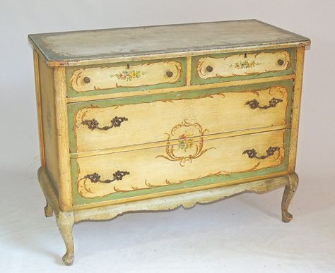 In today! French painted dresser c. 1920/40's Vintage Dresser French, Antique Small Dresser, Vintage Lowboy Dresser, French Provincial Chest Of Drawers, French Rococo Dresser, European Antiques, Painted Dresser, Beautiful Lines, Silver Moon