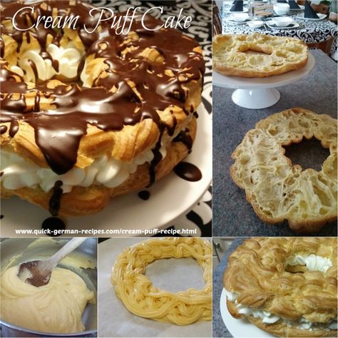 Cream Puff Cake -- easy enough for little kids to help you. http://www.quick-german-recipes.com/cream-puff-recipe.html Eclair Recipes, Fruit Whipped Cream, Cream Puffs Recipe Easy, Cream Puff Cake, Cream Puffs Easy, Puff Cake, German Dessert, Desserts Easy Quick, Cream Puff Cakes