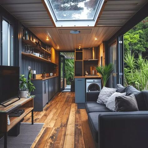 Container Home Living Room, Cute Shipping Container Homes, Container House Decor, Shipping Container House Interior, Container Homes Ideas Design Interior, Container Home Interior Design, Shipping Container Cabin Interior, 2 Bedroom Container Home, Container House Design Interior