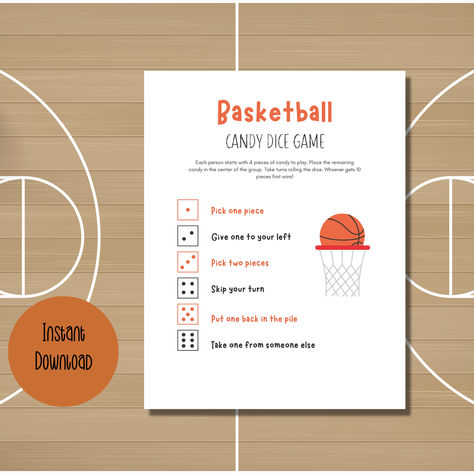 Printable Basketball Candy Dice Game, Basketball Themed Game, Birthday Party Games for Kids, Kids Dice Game, Pass the Candy Game Pass The Candy Game, Candy Dice Game, Basketball Themed Birthday Party, March Madness Parties, Basketball Theme Birthday, Game Birthday Party, Basketball Theme Party, Party Games For Kids, Basketball Games For Kids