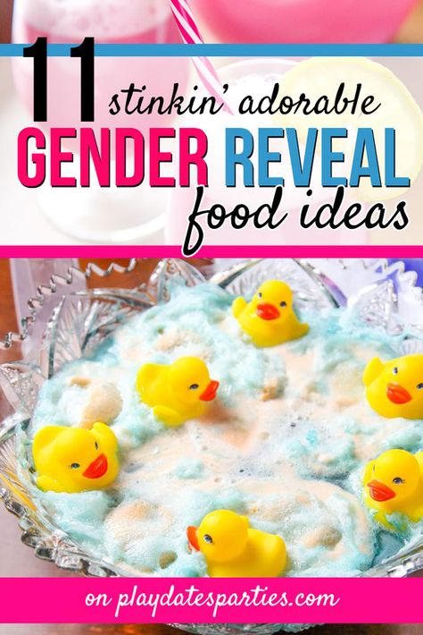 Gender reveal parties are so much fun! But after you've picked the cake, it's time to fill out the rest of the menu. This is definitely the best list of unique gender reveal food ideas and recipes to make for your party. I love that it's full of small snacks, simple drinks, and tasty desserts.  #genderreveal #pregnancy #partyfood Finger Foods For A Gender Reveal Party, Gender Reveal Party Snacks Cute Ideas, Gender Reveal Healthy Snacks, Party Food Gender Reveal, Snack Foods For Gender Reveal Party, Savory Gender Reveal Snacks, Appetizer For Gender Reveal Party, Gender Reveal Party Menu Food Ideas, Food To Serve At Gender Reveal Party