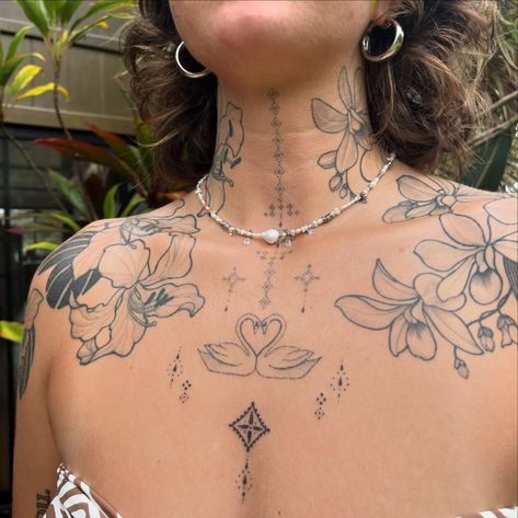 Dylan | Added onto this piece we started last year 🕊️ on sweet Taylor @inktherapy__ | Instagram Chest Tattoo Placement Female, Double Shoulder Tattoo, Women's Chest Piece Tattoo, Chest Pieces For Women, Center Of Chest Tattoo Female, Pretty Chest Tattoo Female, Body Contouring Tattoo, Patchwork Chest Tattoo, Chest Tattoos For Women Upper