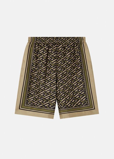 Versace La Greca Print Silk Shorts for Men | US Online Store Mens Versace, Versace Style, Elegant Jacket, Versace Logo, Designer Pants, Cashmere Hoodie, Versace Shop, Versace Outfit, Shorts For Men