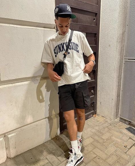 Holiday Drip Outfits Men, Summer Outfits Men With Cap, Shorts Streetwear Outfit, Black Shorts Outfit Men, Crew Socks Outfit, Af1 Outfit, Vacation Outfits Men, Festival Outfits Men, Black Outfit Men