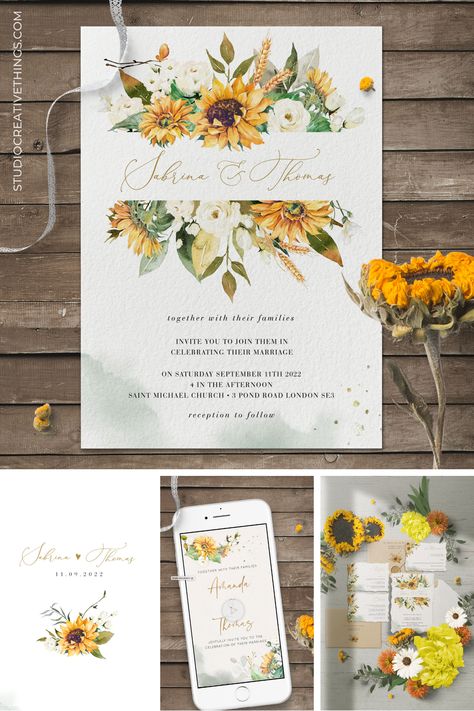 Fall Sunflower Wedding Invitations, Wedding Invitations With Sunflowers, Gray And Sunflower Wedding, Sunflower Wedding Stationery, Sage And Sunflower Wedding Theme, Wedding Invitation Sunflower, Subtle Sunflower Wedding, Sunflower Invitations Wedding, Wedding Theme Sunflowers