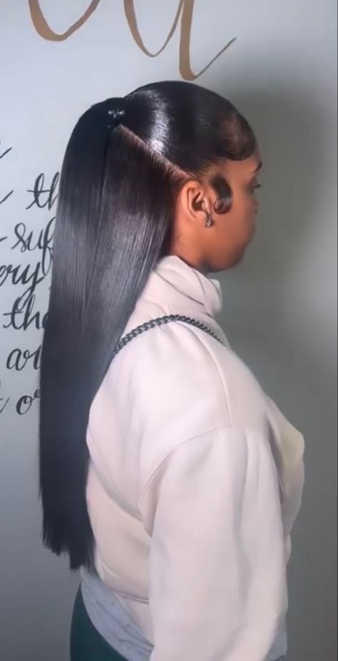 Half Up Half Down Sleek Ponytail, Low Pony Half Up Half Down, Half Up Half Down Install, Half Up Half Down Mid Ponytail, Low Half Up Half Down Hair Black Women, Thanksgiving Hairstyles, Pretty Ponytails, Thanksgiving Hair, Straightening Natural Hair