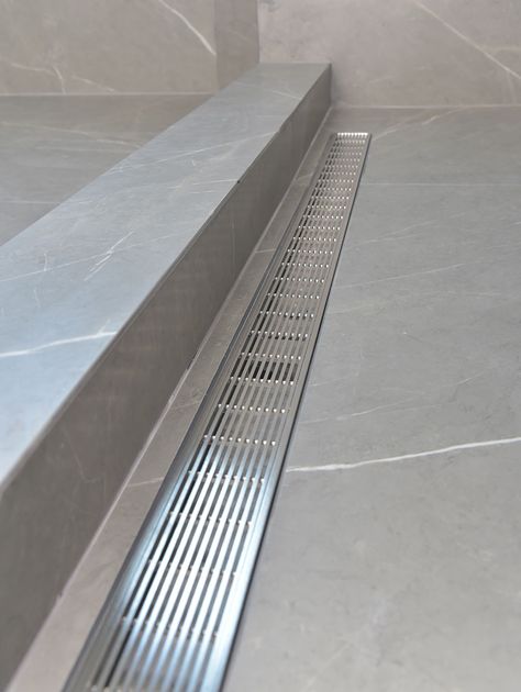 Kitchen Floor Drain Ideas, Linear Shower Drain Master Bath, Bathroom With Floor Drain, Bathroom With Drain In Floor, Long Shower Drain, Shower Drains Ideas, Linear Drain Shower Floor, Bathroom Drainage Floor Drains, Shower Floor Tile Non Slip