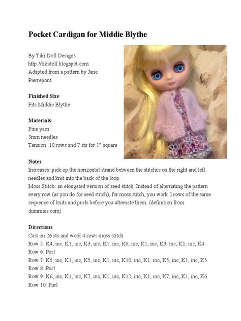 Knitting For Dolls Clothes, Knitting Patterns For Dolls Clothes, Blythe Crochet Pattern Free, Doll Sweater Knitting Pattern, Blythe Clothes Pattern Free, Knit Doll Clothes, Blythe Knitting Patterns Free, Doll Clothing Patterns, Blythe Doll Clothes Patterns