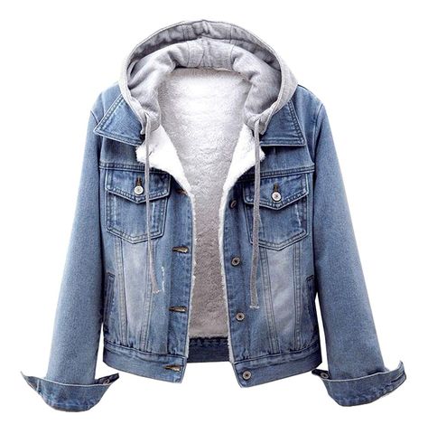 Winter Jeans Jacket, Fleece Lined Denim Jacket, Denim Jacket With Hoodie, Button Hoodie, Winter Streetwear, Blazer Casual, Hooded Denim Jacket, Womens Coats, Denim Chic