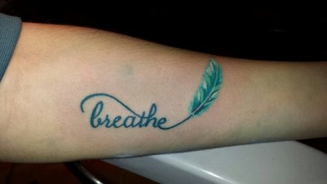 My newest tattoo.  breathe with a feather. Breathe Feather Tattoo, Breathe Tattoos, Just Breathe Tattoo, Sister Tats, Tats Ideas, Sister Tat, Ribbon Tattoos, Tattoo Now, Pretty Tattoos For Women