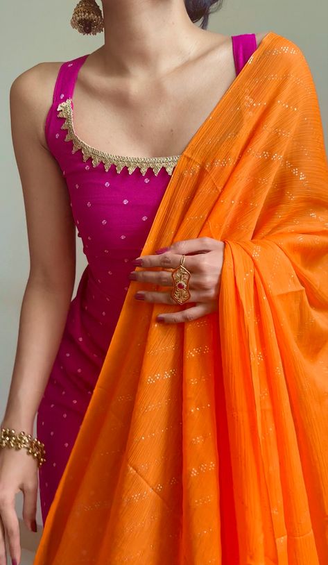 Churidar Suit Designs, Sharara Neck Designs, Desi Look Outfits, Desi Style Casual, Florocent Color, Desi Kurta Aesthetic, Orange Haldi Outfit, Diwali Outfit Ideas For Teens, Suits Neck Designs Indian