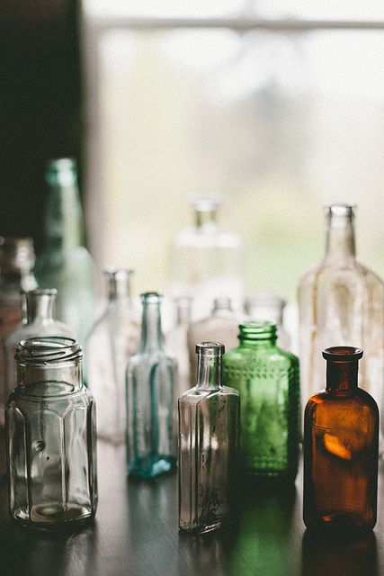 Oh, I tried collecting these as a kid. The collection was never this awesome, but now I remember why I did. Colored Glass Bottles, Old Glass Bottles, Antique Glass Bottles, Vintage Jars, Green Collection, Vintage Bottles, Antique Bottles, Vintage Bottle, Old Bottles