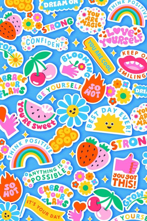 image featuring colourful, randomly placed stickers, some overlapping on a blue background Frida Art, Wallpaper Iphone Summer, Stickers Design, Iphone Wallpaper Images, Sticker Designs, Self Empowerment, Kids Stickers, Diy Prints, Sticker Collection