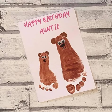 Teddy Bear Footprint Art, Brown Bear Footprint Art, Hand And Footprint Birthday Cards, Birthday Card With Footprint, Footprint Cards Birthday, Birthday Footprint Craft, Happy Birthday Infant Art, Birthday Card With Baby Footprints, Bear Footprint Craft