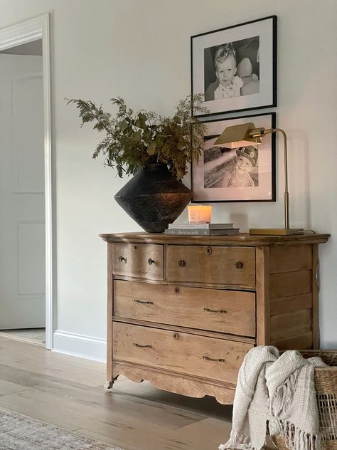 Top Of File Cabinet Decor, Antique Dresser Living Room, Small Dresser Styling, Limewash Dresser, Living Room Dresser Ideas, Dresser Under Tv, Dresser Decor Ideas, Living Room Dresser, Dresser Inspo