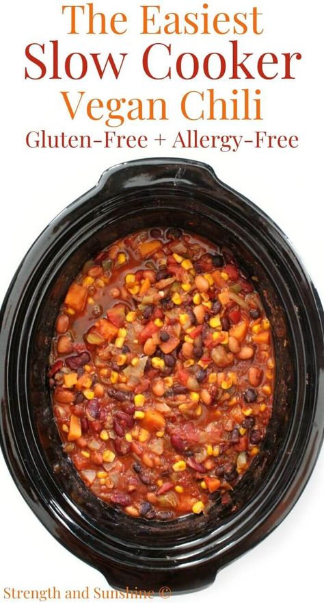 Easy Slow Cooker Vegetarian Chili (Vegan, Gluten-Free, Allergy-Free) | Strength and Sunshine | This easy Slow Cooker Vegetarian Chili is a dump-and-go crockpot meal you can set and forget! This healthy three bean chili is vegan, gluten-free, allergy-free, and full of plant-based protein, veggies, and bold Southwest flavors! A comforting dinner for a crowd or meatless make-ahead and freezer-friendly meal you can meal prep! #slowcooker #chili #vegetarianchili #meatlesschili #veganchili #crockpot Vegan Chili Crockpot, Slow Cooker Vegan Chili, Dinner For A Crowd, Vegetarian Chili Crock Pot, Slow Cooker Vegan, Chili Vegan, Slow Cooker Vegetarian Chili, Three Bean Chili, Vegan Chili Recipe