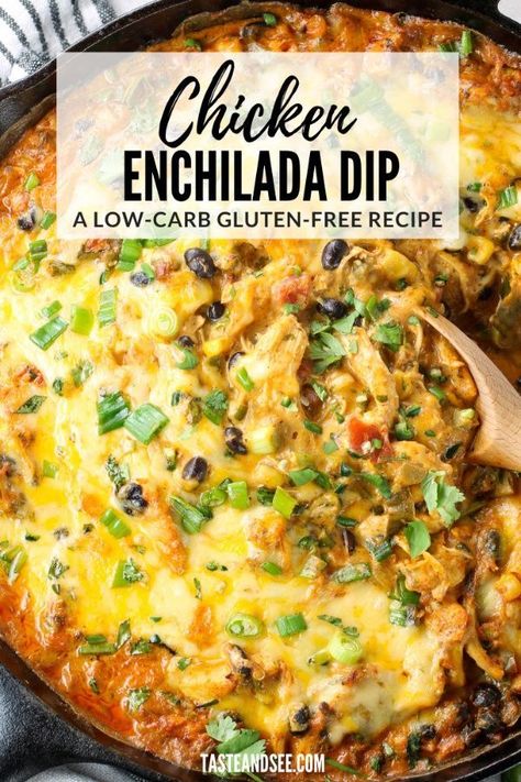 Shredded Chicken Cream Cheese, Enchilada Dip, Chicken Enchilada Dip, Chicken Cream Cheese, Cream Cheese Corn, Taco Dip Recipe, Mexican Shredded Chicken, Cheesy Appetizer, Chicken Dip Recipe