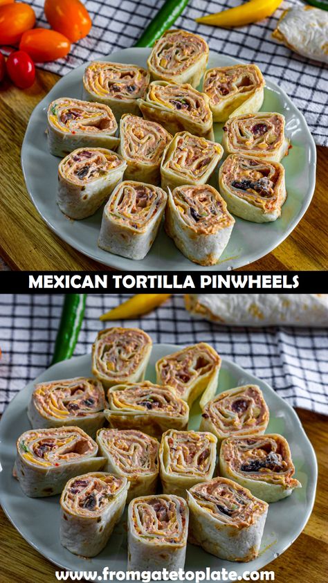 Taco Tortilla Roll Ups Mexican Pinwheels, Bean And Cheese Pinwheels, Refried Beans Pinwheels, Roll Up Recipes Tortilla, Mexican Tortilla Roll Ups, Southwest Tortilla Roll Ups, Mexican Pinwheels With Refried Beans, Fiesta Ranch Pinwheels Roll Ups, Flour Tortilla Roll Up Appetizers