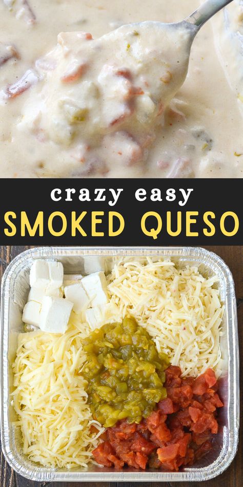 SPOILER: Amazing keto dip recipe!! This Smoked Queso recipe is perfect for cookouts, camping, tailgates, and summer parties! This smoky, cheesy dip is made on the grill for an easy low carb appetizer that everyone will love. Serve with veggies, keto chips, or tacos. Keto Dip, Smoked Queso, Low Carb Appetizer, Keto Chips, Grilled Appetizers, Bbq Appetizers, Cheesy Dip, Queso Recipe, Pellet Grill Recipes