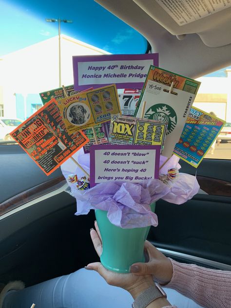 40 40th birthday bouquet money basket lotto tickets gift card purple gift celebrate 40th Birthday Gifts Diy, Birthday Gifts Baskets, Lottery Ticket Bouquet, Bouquet Money, Lottery Ticket Gift, Gift Card Basket, Birthday Money Gifts, Gift Card Bouquet, Gift Card Presentation