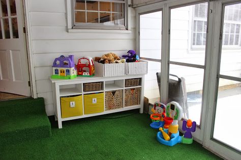 like the storage for playroom and for pet storage in sunroom Sunroom Playroom Ideas, Porch Playroom, Sunroom Playroom, Creative Playroom, 3 Season Room, Porch Design Ideas, Screened Porch Designs, Pet Storage, Diy Bbq