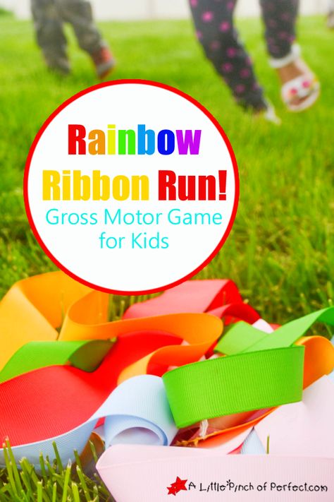 Running with a colorful ribbon trailing behind them is sure to delight any kid! It’s an easy way to get wiggles out, get outside, and play! My kids were running like crazy and I even slipped in some color learning for my little toddler during our latest favorite outdoor activity. We used ribbon and not … Relay Games For Kids, Rainbow Games, Toddler Party Games, Color Learning, Gross Motor Activity, Rainbow Activities, Play For Kids, Outdoors Birthday Party, Preschool Colors