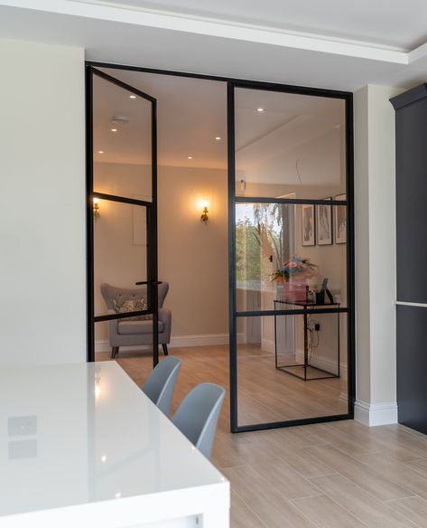 We just love how well these internal doors look in this beautiful Radlett home. ⁠🖤⁠ ⁠ These industrial style internal doors are the perfect addition to this house, creating a gentle separation between the living space and entrance area. The glass panes allow for so much light and allow a seamless flow which makes the living area feel all the more homely! The black frames compliment the oak flooring and we love that you can see all of the way through to the garden from the entrance. ⁠✨️⁠ Sliding Doors Internal, Internal Glass Doors, Internal Sliding Doors, Metal Doors, Small Window, Room Partition Designs, Aluminium Doors, Casement Windows, Internal Doors