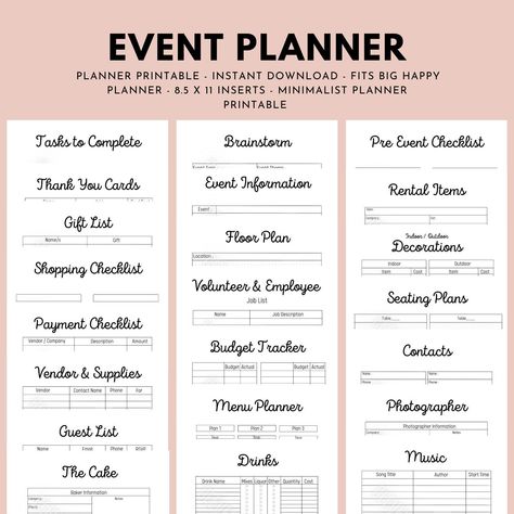 "Do you plan events for a living or just have an event coming up and looking for a printable event planner to help you plan all your events? Stop scrolling though Etsy and take a look at my Printable Event Planner. You could use this for a wedding, birthday party, anniversary, or any other event you need to plan for. This instant download comes with 23 pages filled with everything you need to plan the best event ever!  You will receive 1 pdf download that contains 23 pages, which are the followi Event Landscape Design, Event Planning Tips And Tricks, Event Planner Pricing Guide, Party Planner Price List, Event Planner Attire, Planning Events Organizations, Wedding Planning Office Design, Wedding Organizer Team, Event Planner Names Ideas