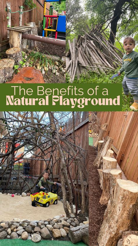 Disconnection to nature (thought to be the cause of a surge in behavioral problems) is actively being fought against with a growing interest in natural playgrounds. These outdoor play spaces foster a direct connection to Earth, water and all the other elements. By means of integrating natural elements into children’s play, this allows an organic connection to nature. Learn benefits and see some of simple examples of our natural playground at De La Madre Daycare in East Austin, TX. Nature Playground Preschool, Natural Landscape Playground, Nature Based Playgrounds, Natural Play Spaces Backyards, Outdoor Kids Play Area Playground Design, Organic Playground, Natural Outdoor Playground, Connection To Earth, Playground Backyard