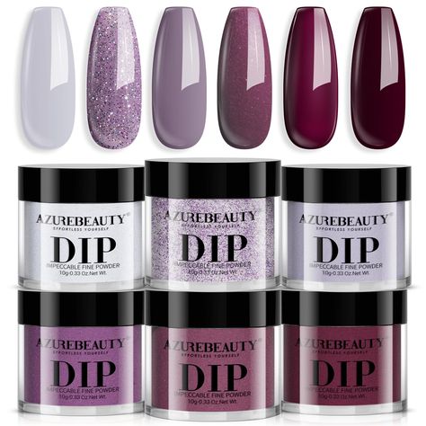 PRICES MAY VARY. 【2024 New Dip Powder Set】: 6 colors purple rose red glitter nail dip powder feels and looks natural, is lightweight, and has impeccable shine. This set of colors makes you look more intellectual and elegant, which is a must-have color for autumn and winter nail art 【Long Lasting & Superior Quality 】：AZUREBEAUTY dip powder nail kit is long-lasting and anti-chipping, anti-peel off. The color is full and natural-looking, light, and has an impeccable shine finish. It can keep the na Nailboo Dip Kit Colors On Nails, Sns Nail Powder, Azurebeauty Dip Powder, Nail Dipping Powder Colors, Purple Chrome Nails, Nail Polish Style, Light Purple Nails, Dip Nail Colors, Plum Nails