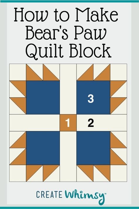 The Bear's Paw quilt block is popular in both traditional and modern quilting. It uses the basic quilting building blocks of squares, rectangles and half square triangles, and we show you how to make it in this illustrated tutorial. Bear Paw Quilt Block Pattern, Bear Tracks Quilt, Jenga Crafts, Sewing Blocks, Quilt Triangles, Basic Quilting, Bear Paw Quilt, Casserole Carrier, Painted Barn Quilts