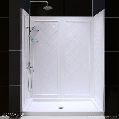 DreamLine SlimLine 34 in. x 60 in. Single Threshold Shower Base in White Center Drain Base with Back Walls-DL-6191C-01 - The Home Depot Shower Stalls, Shower Kit, Shower Base, Walk In Shower, Drain, Walk In, Shower, Wall, White