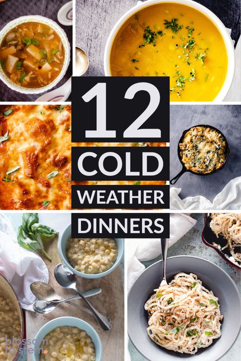 Here's a collection of great cold weather dinners that are weeknight-friendly to get you through the winter! Cold Weather Meals, Cold Lunch, Roasted Sprouts, Hot And Sour Soup, Kimchi Fried Rice, Cold Lunches, Ricotta Pasta, Winter Comfort Food, Sour Soup