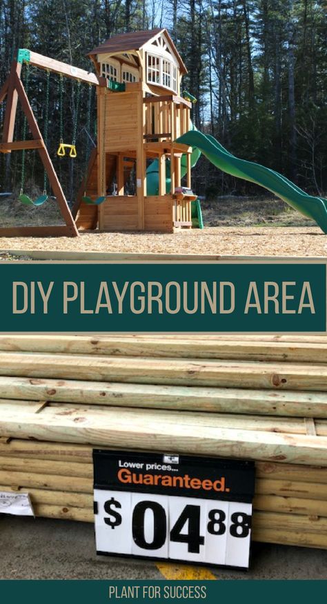 playground border on top portion. Bottom portion is landscape timbers at a big box store Playset Landscaping Border, Backyard Playground Border, Raised Playground Area, How To Level Ground For Swingset, Play Area Border Ideas, Diy Swingset Upgrade, Playset Border Ideas, Playground Area Landscape, Diy Play Ground Ideas Backyards