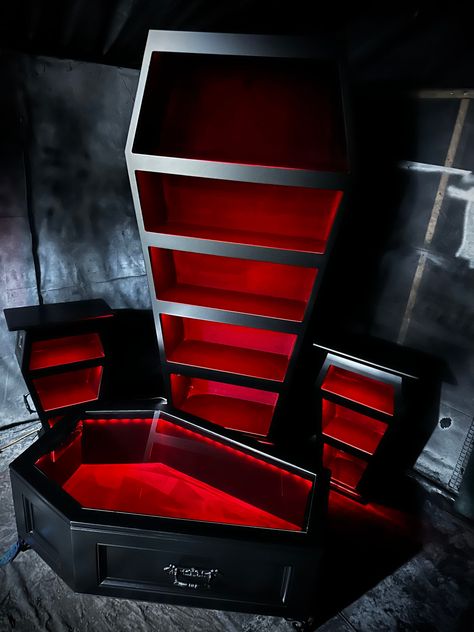 Here's your opportunity to own my unique design, full coffin shaped living room set! this set includes: .1 coffin bookshelf .1 coffin display coffee table .2 coffin side tables Features selected will match all units. Coffin Bookshelf, Miniature Coffin, Gothic Decor Bedroom, Gothic Furniture, Dark Home Decor, Spooky House, Goth Home, Goth Home Decor, Dark Home