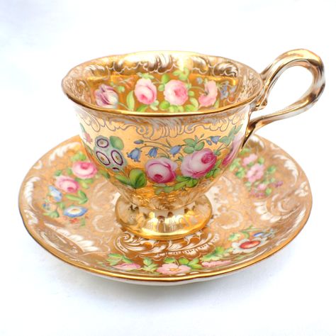 Fine Antique English Footed Tea Cup & Saucer Gilt and Painted Flowers All Over | eBay Colorful Tea Cups, Novelty Teapots, Pretty Tea Cups, Antique Tea Cups, Pretty Cups, Tea Party Garden, Vintage Teacups, Teapots And Cups, Vintage Cups