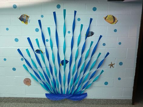 Classroom Decor Under The Sea, Under The Sea Daycare Theme, Mermaid Classroom Theme, Under The Sea Vbs Decorations, Underwater Classroom Theme, Under The Sea Board, Diy Under The Sea Decorations, Ocean Vbs Decorations, Under The Sea Classroom Theme