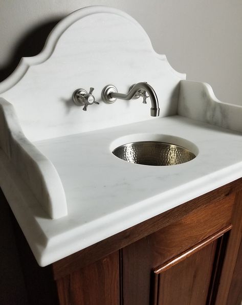 Custom Bathroom Vanity Gallery | Vermont | Vermont Vanities Marble Backsplash Bathroom, French Style Bathroom, Custom Bathroom Vanities, Bathroom French Country, Counter Top Sink Bathroom, Vanity Backsplash, French Bathroom, Powder Room Sink, Parisian Interior