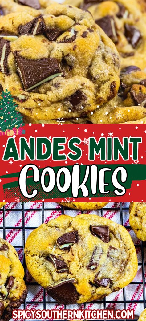 Andes Mint Cookies are soft and chewy chocolate chip cookies with lots of minty flavor from chopped Andes mints. Perfect addition to Christmas cookie tray. Christmas Cookies With Andes Mints, After Dinner Mint Cookies, Grinch Cookies With Andes Mints, Copycat Andes Mints, Andi Mints Cookies, Andies Candies Cookies Andes Mints, Andes Cookies Recipes, Mint Candy Cane Cookies, Cookies With Andes Mint Chips