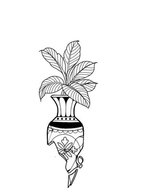 Vase With Plant Tattoo, Black Work Small Tattoo, Pot With Flowers Tattoo, South Of France Tattoo, Big Minimalist Tattoo, Broken Vase Tat, Women Tattoo Designs Drawings, Plant Pot Tattoo, Plant Vase Tattoo