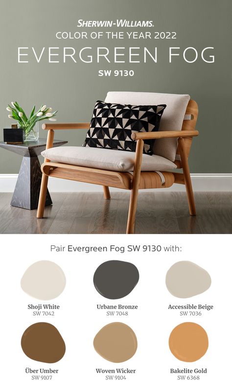 Wondering which paint colors pair perfectly with the Sherwin-Williams 2022 Color of the Year, Evergreen Fog SW 9130? Look to the Method palette from the Sherwin-Williams 2022 Colormix® Forecast. Try organic neutrals like Shoji White SW 7042, Accessible Beige SW 7036, and Woven Wicker SW 9104, or tonal hues like Urbane Bronze SW 7048, Über Umber SW 9107, and Bakelite Gold SW 6368. Tap this pin for more paint color inspiration. #SWColoroftheYear #sherwinwilliams #paint #painting #diy #decor Evergreen Fog, 2022 Color Of The Year, Color Of The Year 2022, Colors For Home, Riad Marrakech, Shoji White, Accessible Beige, House Color Palettes, Paint Color Schemes